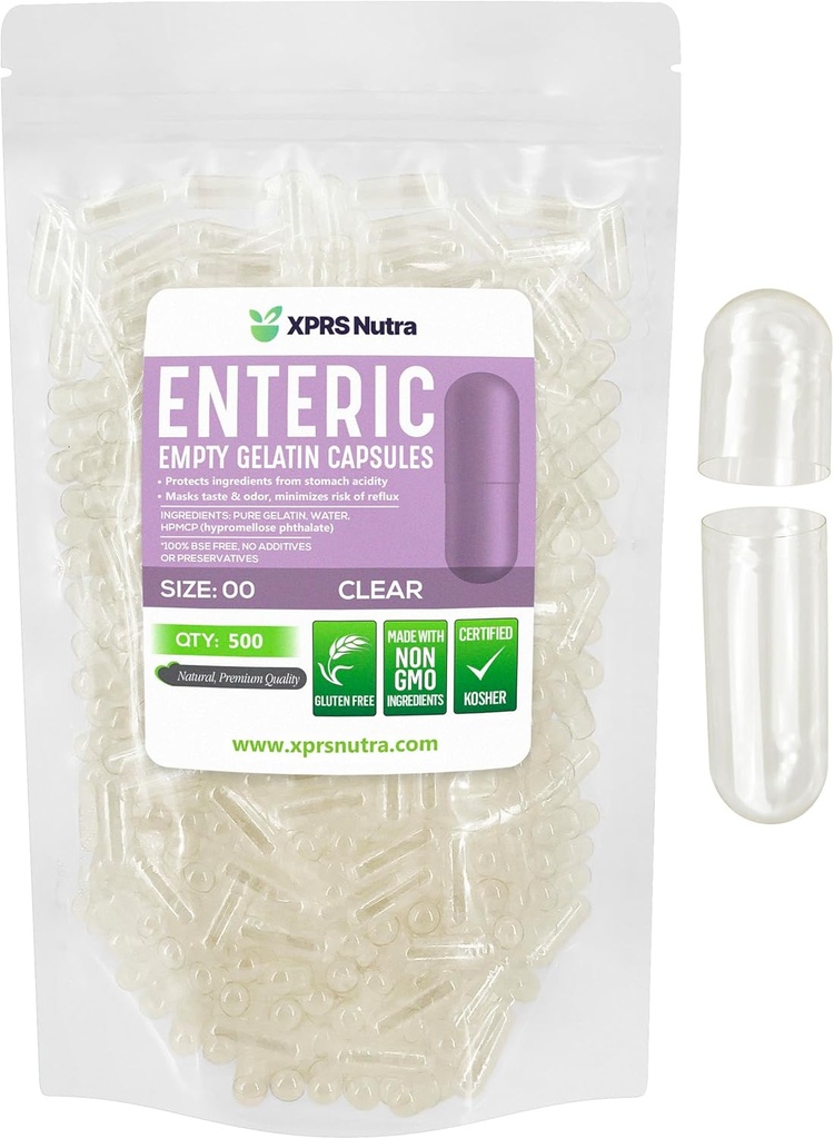 XPRS Nutra Taille 00 Capsules vides - 500 Compter Effacer les capsules enrobées de gélatine vide - Pilules à libération différée - Remplissage de la capsule de bricolage - Gel vide de Bovine pure