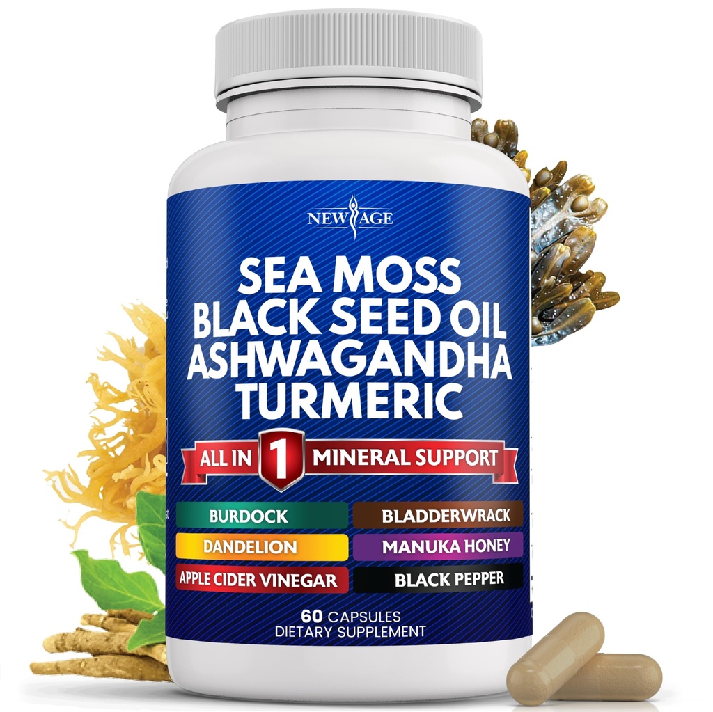 NOUVELLE AGE Sea Moss Black Seed Oil Ashwagandha Turmeric Bladderwrack Burdock - avec Manuka, miel Dandelion, vinaigre de cidre noir sans gluten