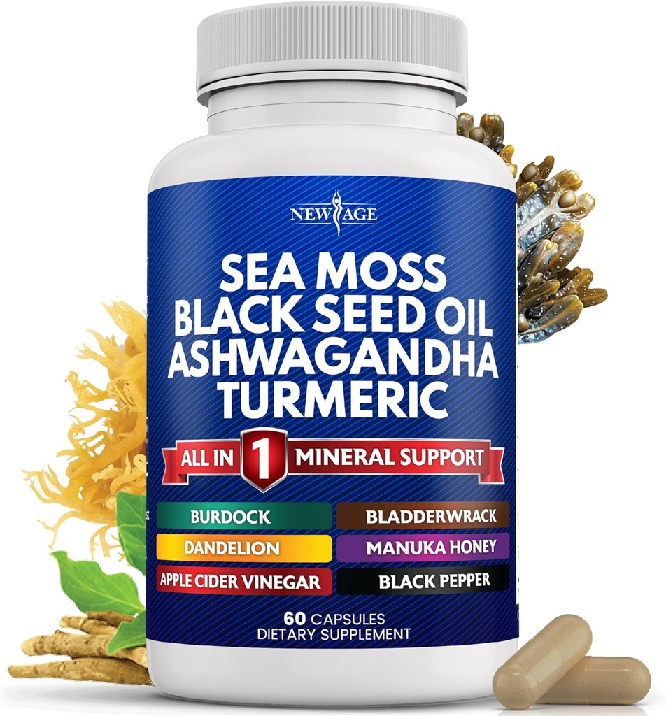 NOUVELLE AGE Sea Moss Black Seed Oil Ashwagandha Turmeric Bladderwrack Burdock - avec Manuka, miel Dandelion, vinaigre de cidre noir sans gluten