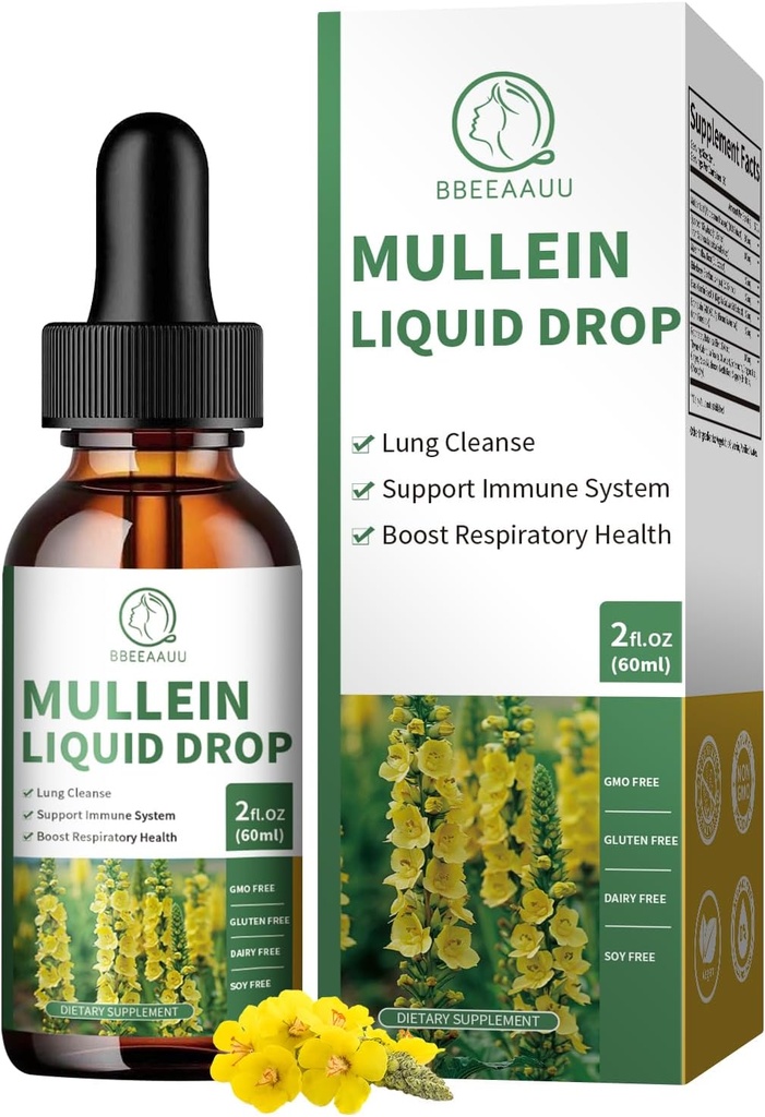 Gouttes de Mullein pour les poumons, extrait de feuille de Mullein 16-en-1 pour le nettoyage pulmonaire, respiratoire, immunitaire, avec Quercetin, Marshmallow, Graine de cumin noir, Elderberry, Mullein liquide, non-OGM, 2 Fl Oz
