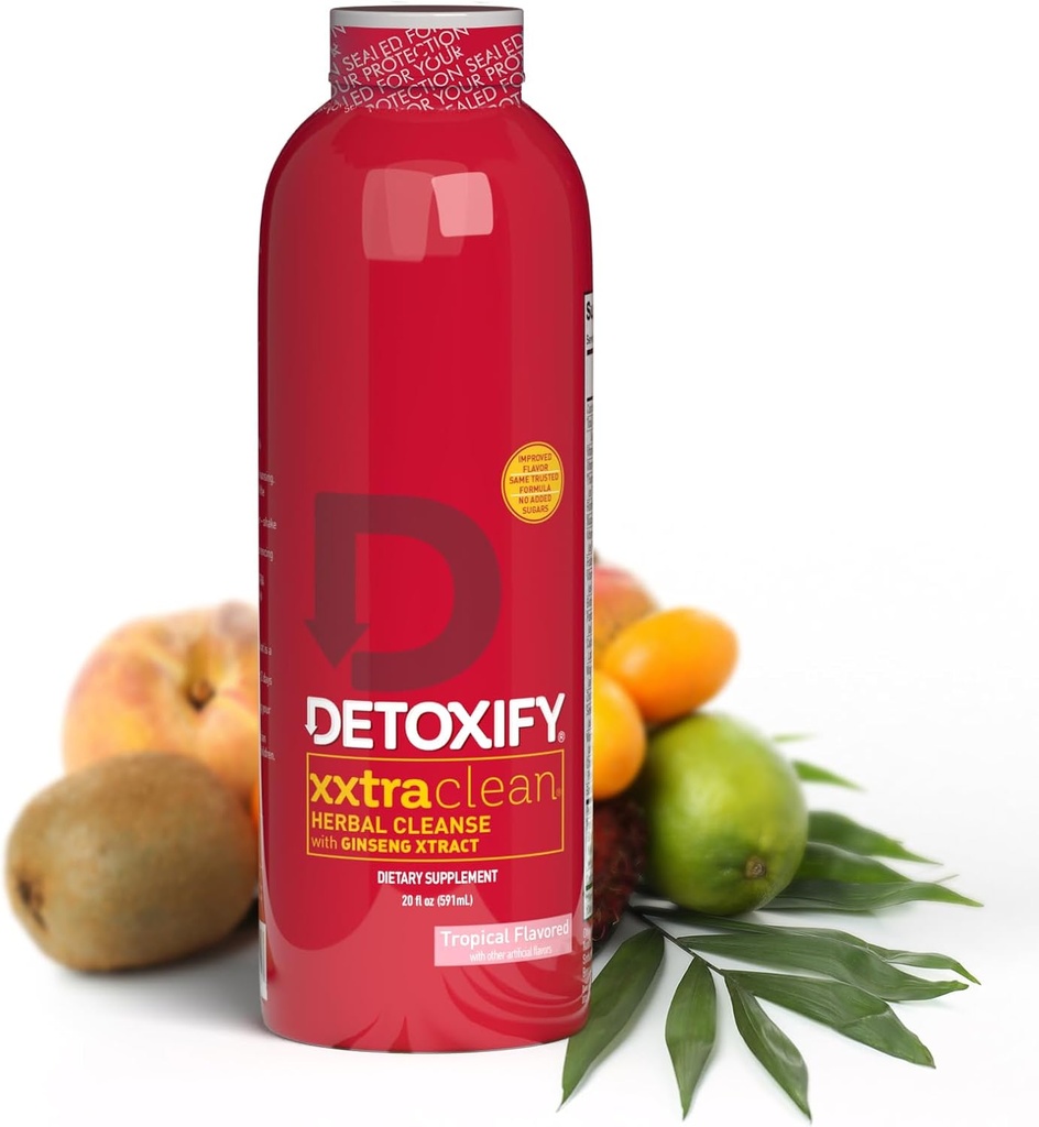 Detoxify – Xxtra Clean Herbal – Tropical Fruit Flavor - 20 oz – Professionally Formulated Extra Strength Herbal Detox Drink – Enhanced with Ginseng Extract & Milk Thistle Extract - Plus Sticker