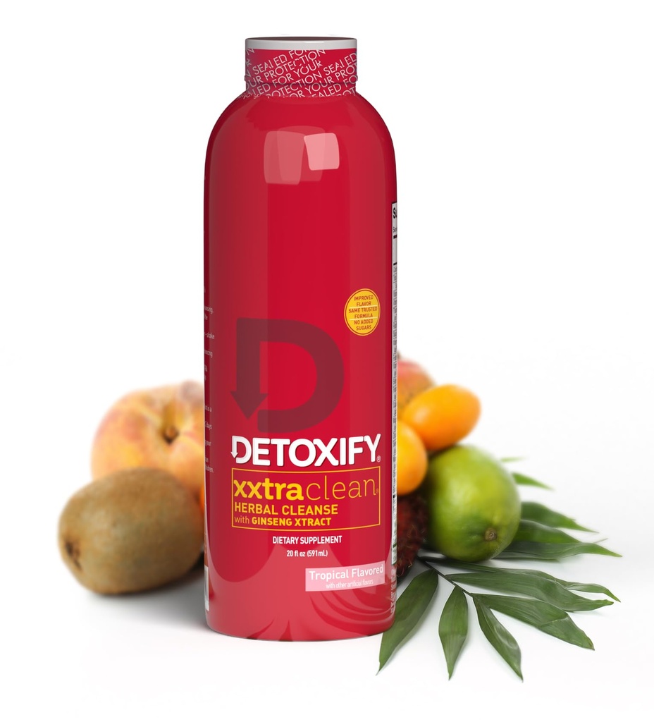 Detoxify – Xxtra Herbal propre – Arôme de fruits tropicaux - 20 oz – Boissons de détox à base de plantes professionnellement préparées – améliorées avec l'extrait de ginseng et extrait de chardon - Plus Sticker