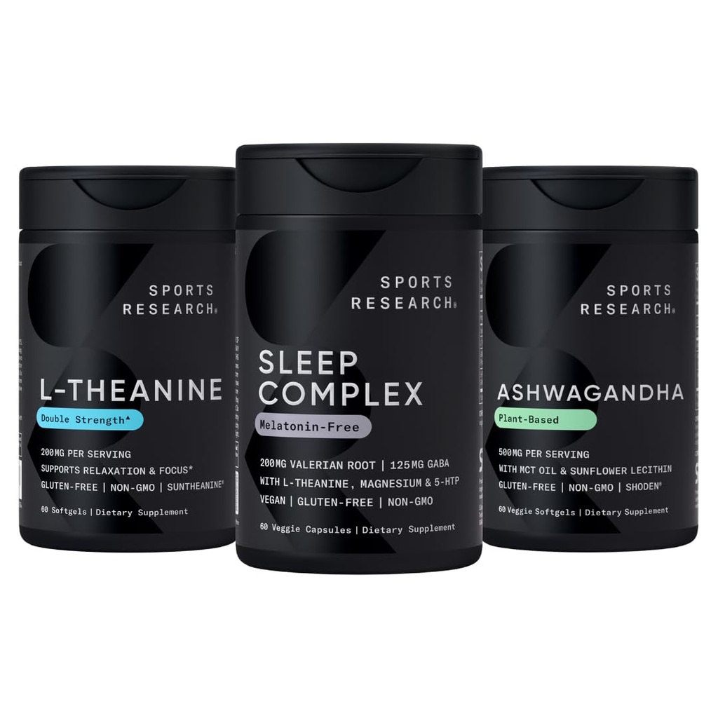 Sport Research Complexe de Sommeil Capsules Vegan sans mélatonine, Supplément L-Theanine double résistance pour Focus, Relaxation et Alerte et Softgels Ashwagandha pour Relaxation, Calme et Sommeil