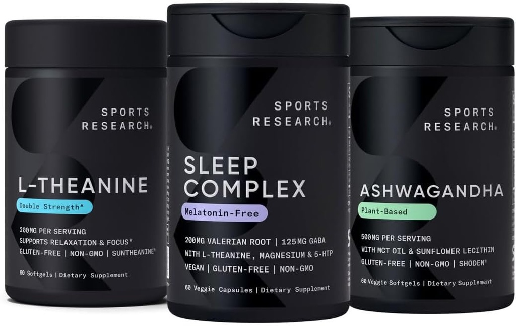 Sport Research Complexe de Sommeil Capsules Vegan sans mélatonine, Supplément L-Theanine double résistance pour Focus, Relaxation et Alerte et Softgels Ashwagandha pour Relaxation, Calme et Sommeil