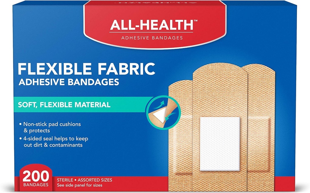 All Health Adhesive Fabric Bandages, 200 Count Tailles assorties.