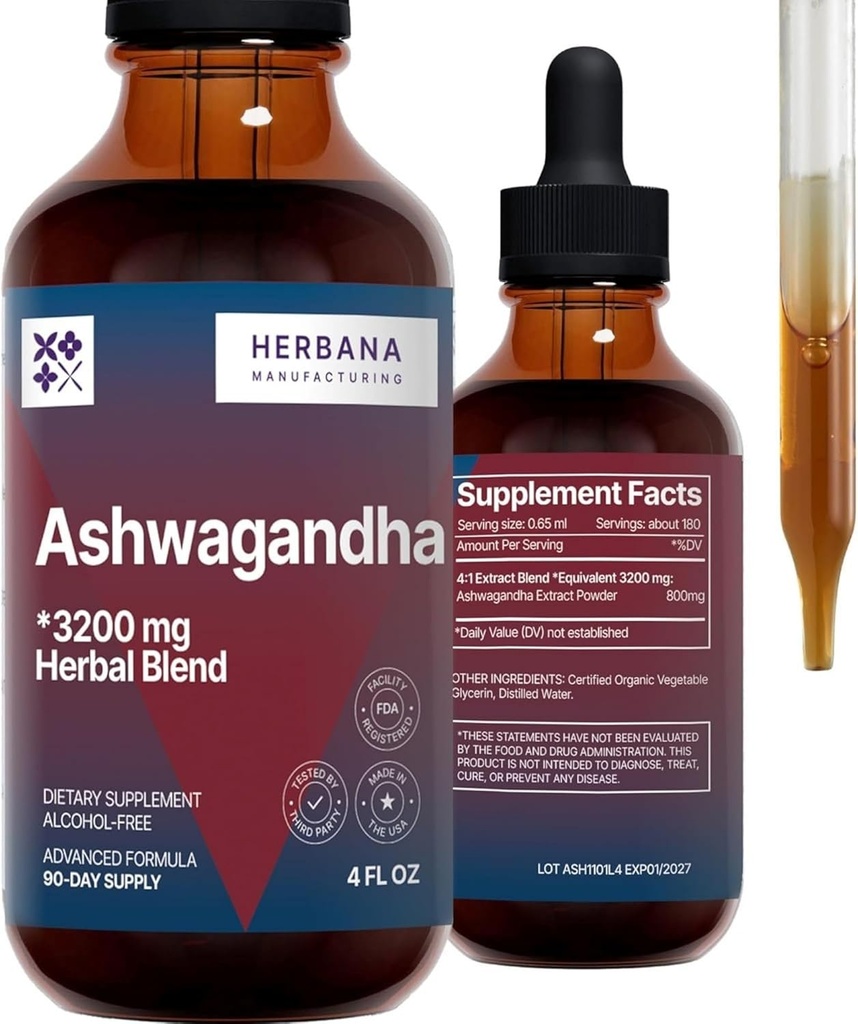 Herbana FABRICANT Ashwagandha gouttes liquides extrait - Récupération musculaire Teinture - Withania Somnifera gouttes - Haute puissance