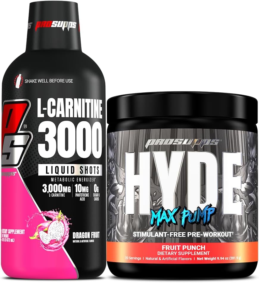 PROSUPPS L-Carnitine 3000 Stimulant Free Liquid Shots (Dragon Fruit) and Hyde Max Pump Pre Workout for Men and Women (Fruit Punch) Bundle