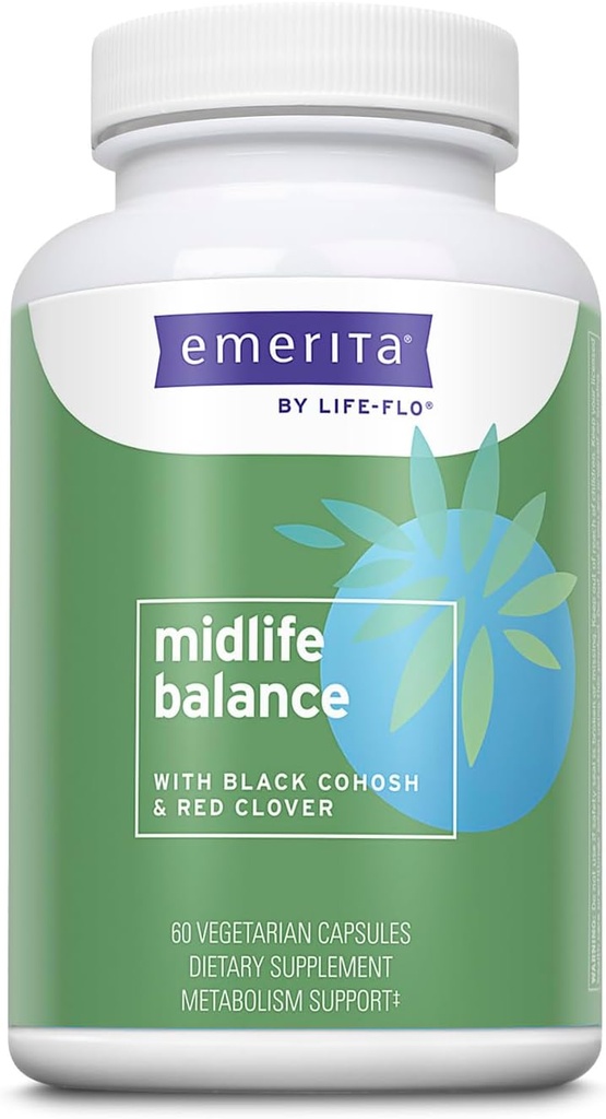 Emerita by Life-flo Midlife Balance, Suppléments à la ménopause pour les femmes, Soutien à l'équilibre sain avec le coho noir et le trèfle rouge, Garantie de 60 jours, Non testé sur les animaux, 30 portions, 60 VegCaps
