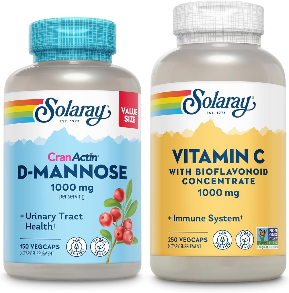 SOLARAY D-Mannose 1000mg avec extrait de canneberge de CranActin (150ct) et vitamine C 1000mg avec bioflavonoïdes (250ct) - Urinaire Tract, Bladder Health et Immune Support Bundle - Vegan, garantie de 60 jours