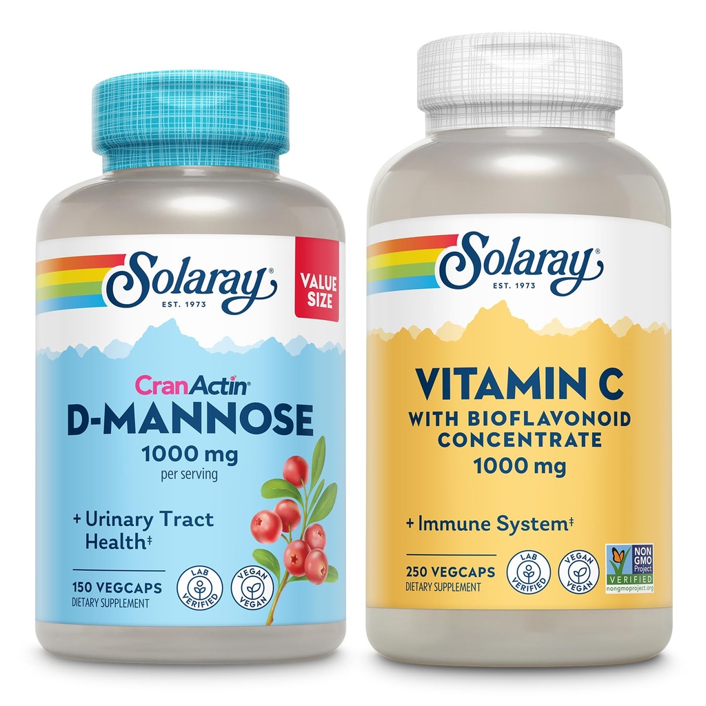 SOLARAY D-Mannose 1000mg avec extrait de canneberge de CranActin (150ct) et vitamine C 1000mg avec bioflavonoïdes (250ct) - Urinaire Tract, Bladder Health et Immune Support Bundle - Vegan, garantie de 60 jours