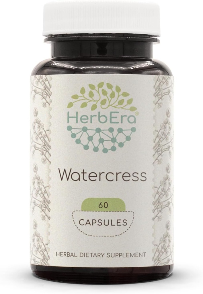 HerbEra Watercress 60 Capsules, 800 mg, gouttes liquides concentrées Natural Watercress (Nasturtium Officinale) Herb séchée (60 Capsules)