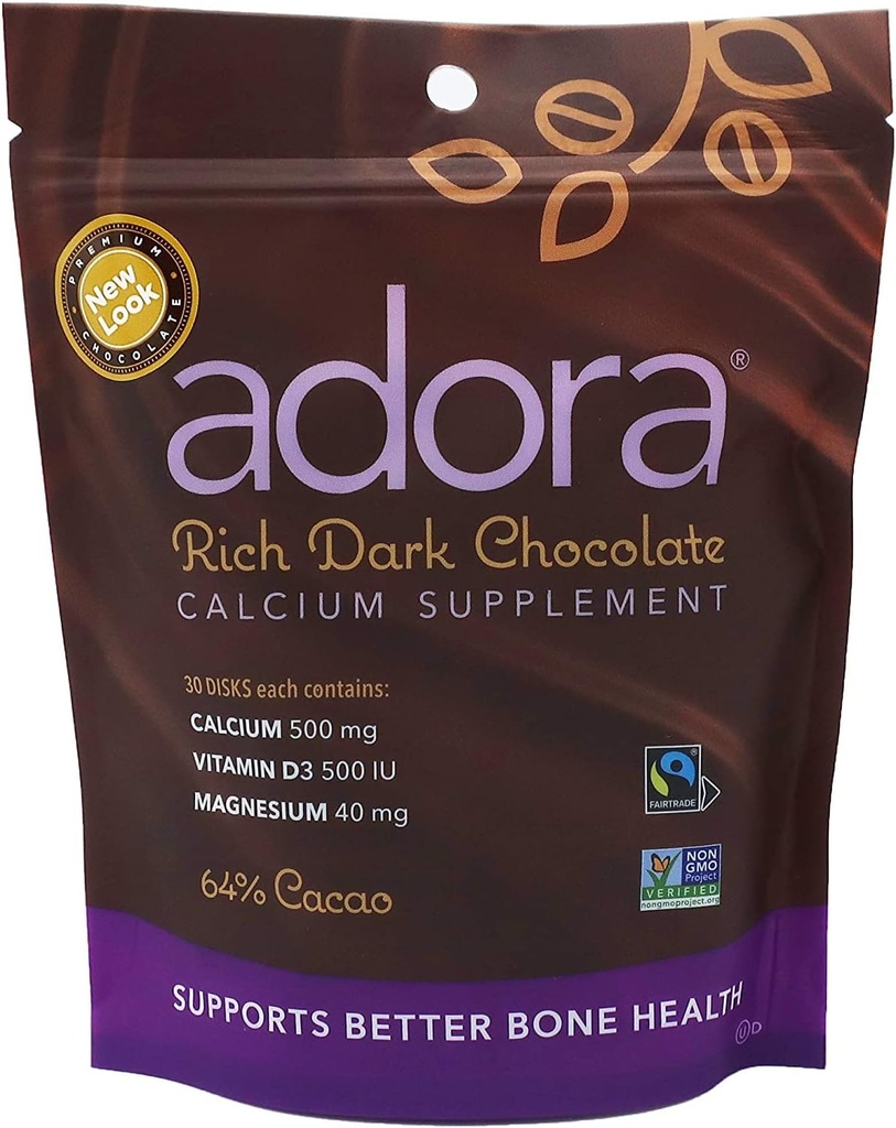 Adora Supplément Calcium Adora, 500mg, Chocolat Noir 30 disques (Quantité de 4)