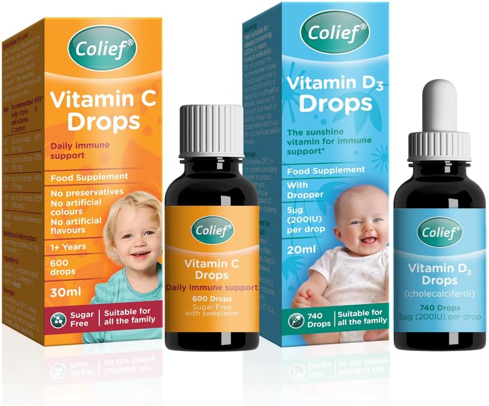 Colief Immune Support Bundle contient de la vitamine D 3 gouttes.com Supplément Vit liquide D3 pour bébés dès leur naissance.com 0.67 Fl Oz Vitamine C gouttes pour bébés.