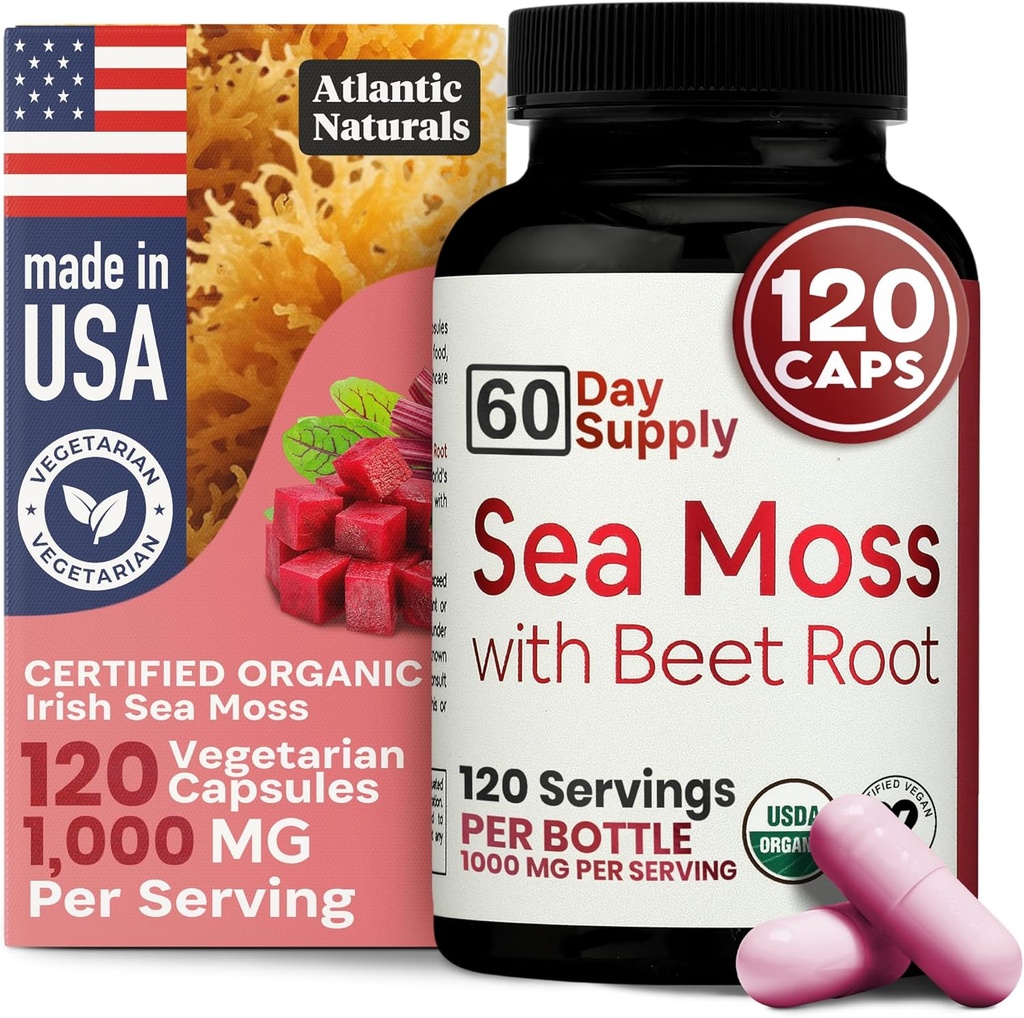 Atlantic Naturals Sea Moss with Beet Root Capsules - Supplément multivitamine de qualité supérieure - Superfood de la mousse de mer pour soutenir la santé immunitaire, le flux sanguin, la santé conjointe et la performance athlétique - 120 ct