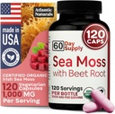 Atlantic Naturals Sea Moss with Beet Root Capsules - Supplément multivitamine de qualité supérieure - Superfood de la mousse de mer pour soutenir la santé immunitaire, le flux sanguin, la santé conjointe et la performance athlétique - 120 ct