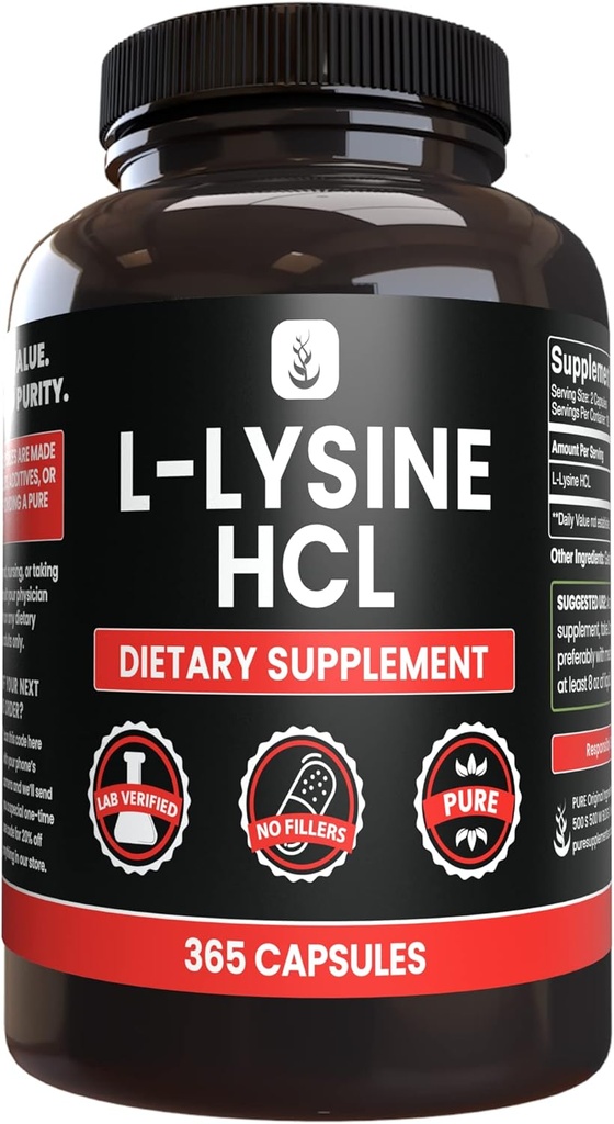 INGRÉDIENTS ORIGINAUX L-Lysine HCl (365 Capsules) Pas de Magnésium ou de Rice Filters, Toujours Pure, Verified Lab