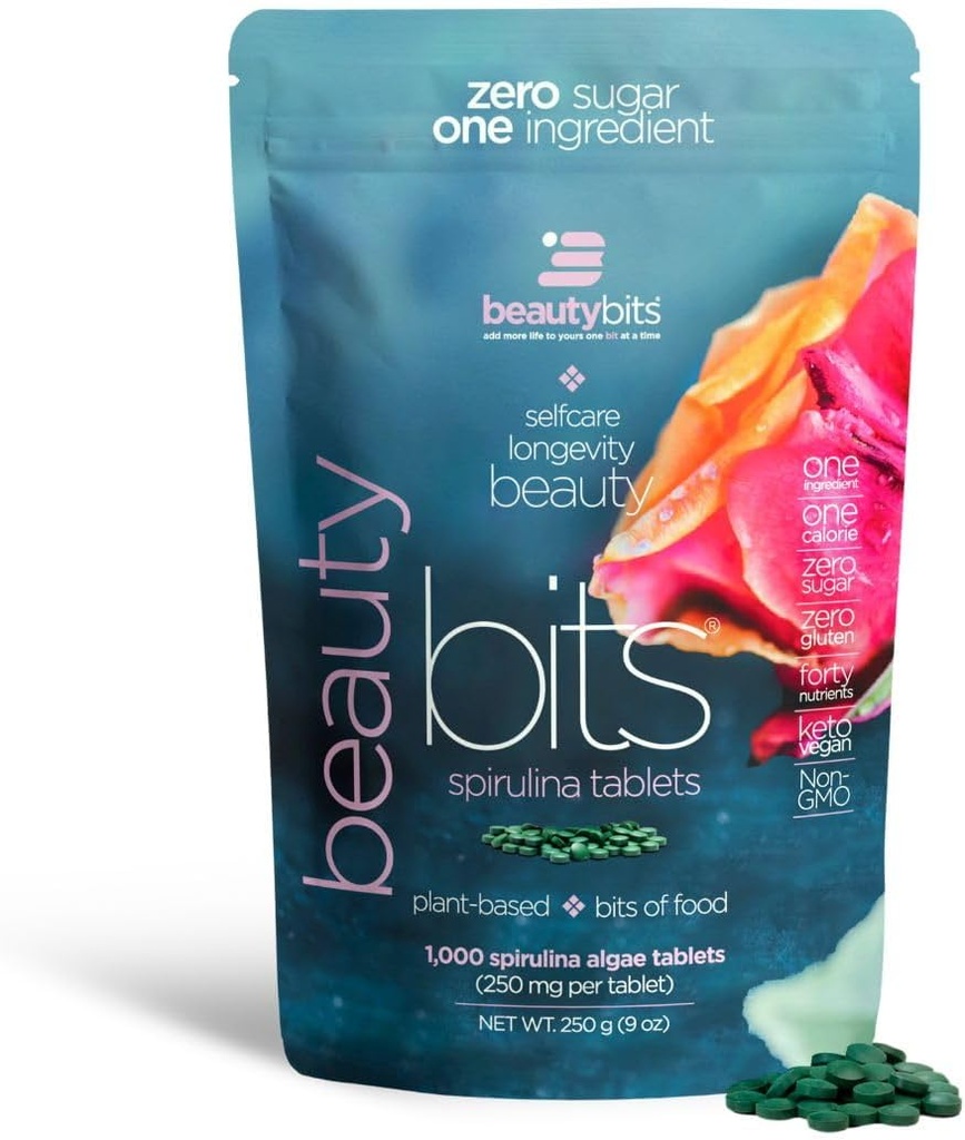 BEAUTYbits - Comprimés de Spiruline Biologique - Algae Superfood - Collagène, Protéines, Chlorophylle - Cheveux, Nails, & Soins de la peau - Vegan, Keto, Sans gluten - Self Care - Soins de la peau Cadeaux de beauté - 1000 comprimés