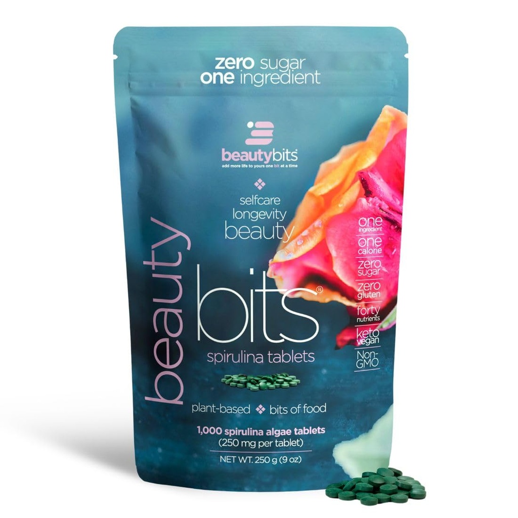 BEAUTYbits - Comprimés de Spiruline Biologique - Algae Superfood - Collagène, Protéines, Chlorophylle - Cheveux, Nails, & Soins de la peau - Vegan, Keto, Sans gluten - Self Care - Soins de la peau Cadeaux de beauté - 1000 comprimés