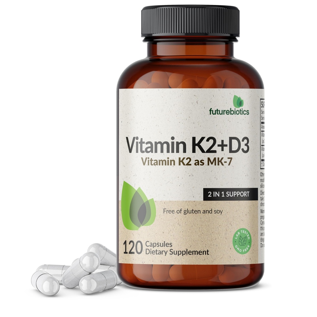 Futurebiotiques Vitamine K2 (MK7) avec supplément D3 - Formule non-OGM - 5000 UI Vitamine D3 & 90 mcg Vitamine K2 MK-7, 120 Capsules végétariennes