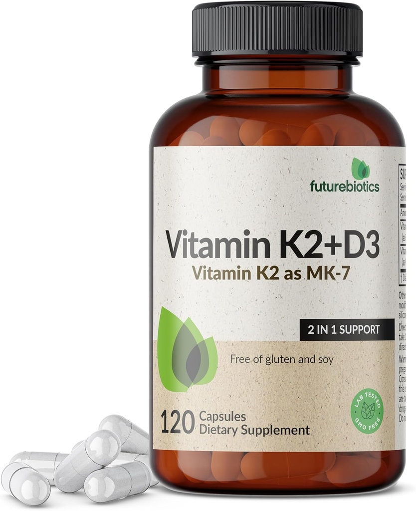 Futurebiotiques Vitamine K2 (MK7) avec supplément D3 - Formule non-OGM - 5000 UI Vitamine D3 & 90 mcg Vitamine K2 MK-7, 120 Capsules végétariennes