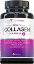 Multi Collagen Peptides Capsules for Women - Hydrolyzed Collagen for Women Pills with Types I II III V & X Plus Vitamin C & Hyaluronic Acid for Beautiful Hair Skin and Nails - 30 Servings