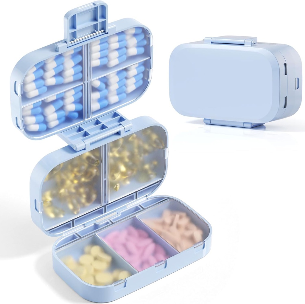 MEACOLIA Triple plieuse Organisateur de pilules, 9 compartiments Cas de pilule de voyage avec grande capacité, boîte à pilules quotidienne Petit contenant de pilules pour la vitamine, huile de foie de morue, suppléments (bleu)