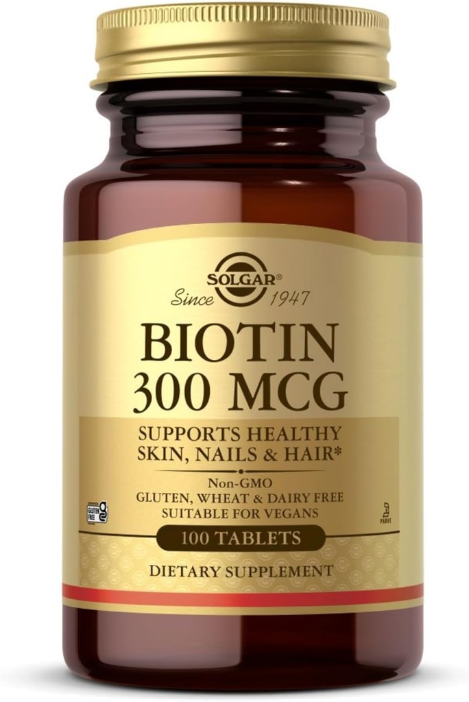 Solgar Biotin 300 mcg - 100 comprimés - Soutient une peau, des ongles et des cheveux sains - Non-OGM, végétalien, sans gluten, sans laiterie, sans casher - 100 portions