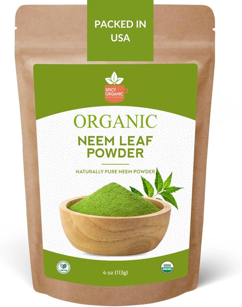 SPICY poudre de Neem ORGANIQUE – 4 oz. - certifié USDA biologique - non-OGM - feuilles de Neem séchées fraîches poudre pour cheveux et peau sains - Azadirachta Indica Herbe ayurvédique pour le bien-être général