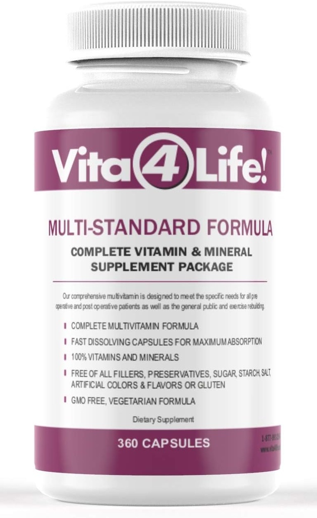 Vita4Life!® Multi-Standard Formula • Complexe Vitaminique et Minéral Complete • 360 capsules • Bouchons Véggie à Dissolve Rapide • Pas de remplissage, OGM, gluten, laiterie • 50+ nutriments (A-Zinc)