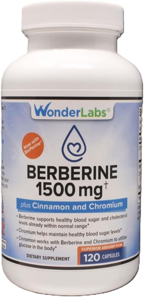 Wonder Laboratories Surperior Absorption Berberine HCL 1,500mg + Cinnamon, Chromium, and BioPerine Maintenance for Glucose, Heart & Immune System Health Gluten & GMO Free - 120 Capsules