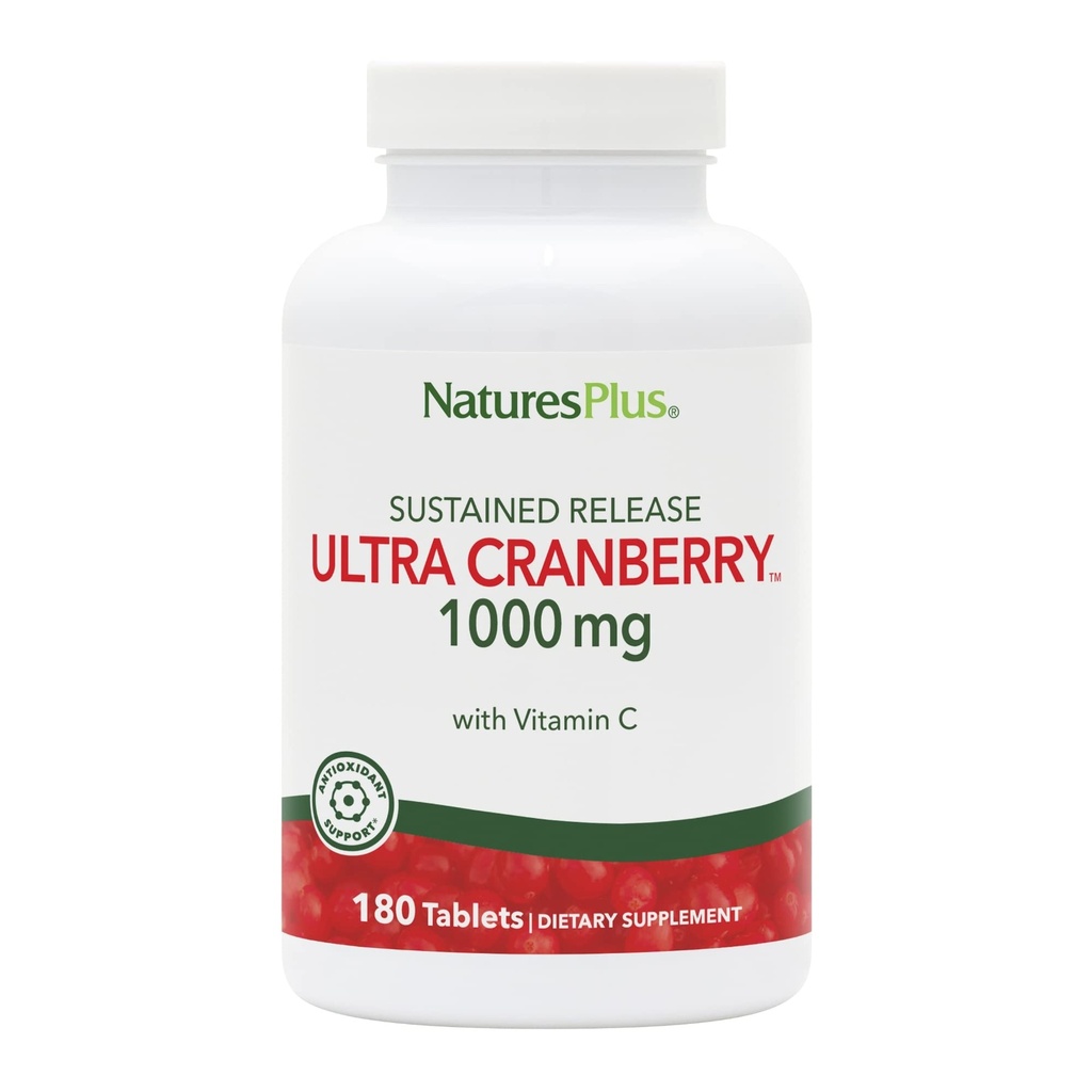 Natures Plus Ultra Cranberry 1000, libération prolongée - 1000 mg - Cranberry naturel avec vitamine C - Promotion de la santé du trac urinaire - 180 comprimés végétariens (90 portions)