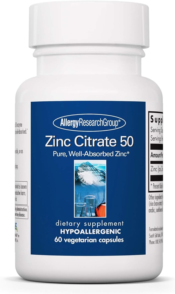 Allergy Research Group Zinc Citrate Supplement - Zinc pour hommes et femmes, Immune Support, Pure, Bien Absorbé, Bien toléré, Trace Mineral, 50mg Capsules végétariennes - 60 Compte