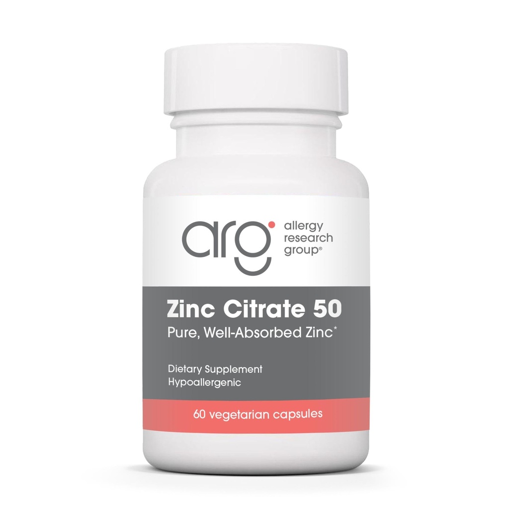Allergy Research Group Zinc Citrate Supplement - Zinc pour hommes et femmes, Immune Support, Pure, Bien Absorbé, Bien toléré, Trace Mineral, 50mg Capsules végétariennes - 60 Compte