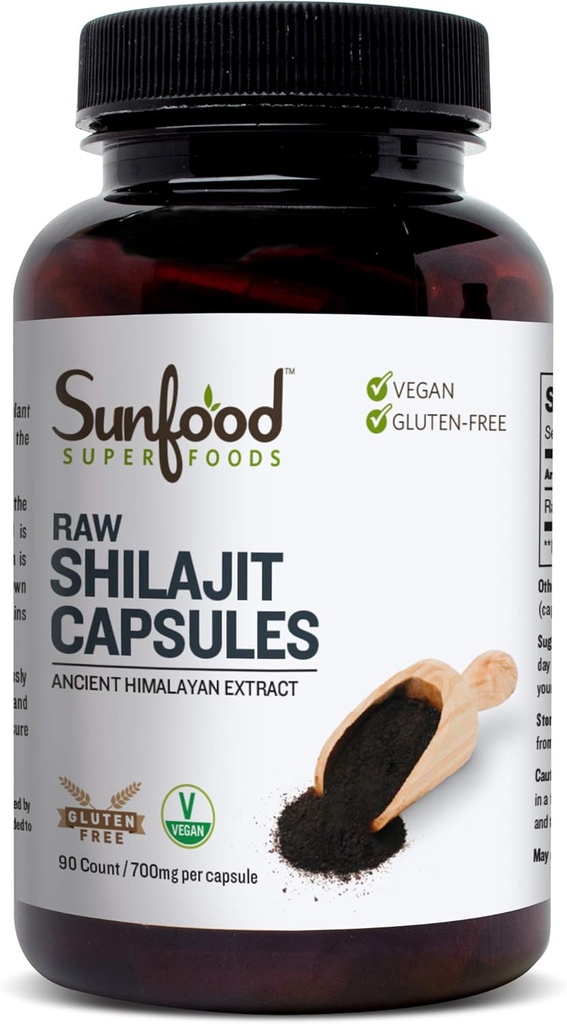 Sunfood Superfoods Shilajit Capsules - Pure résine Shilajit pour les femmes et les hommes, extrait himalayen antique avec acide fulvic, minéraux, pilules en poudre Shilajit - 90 capsules
