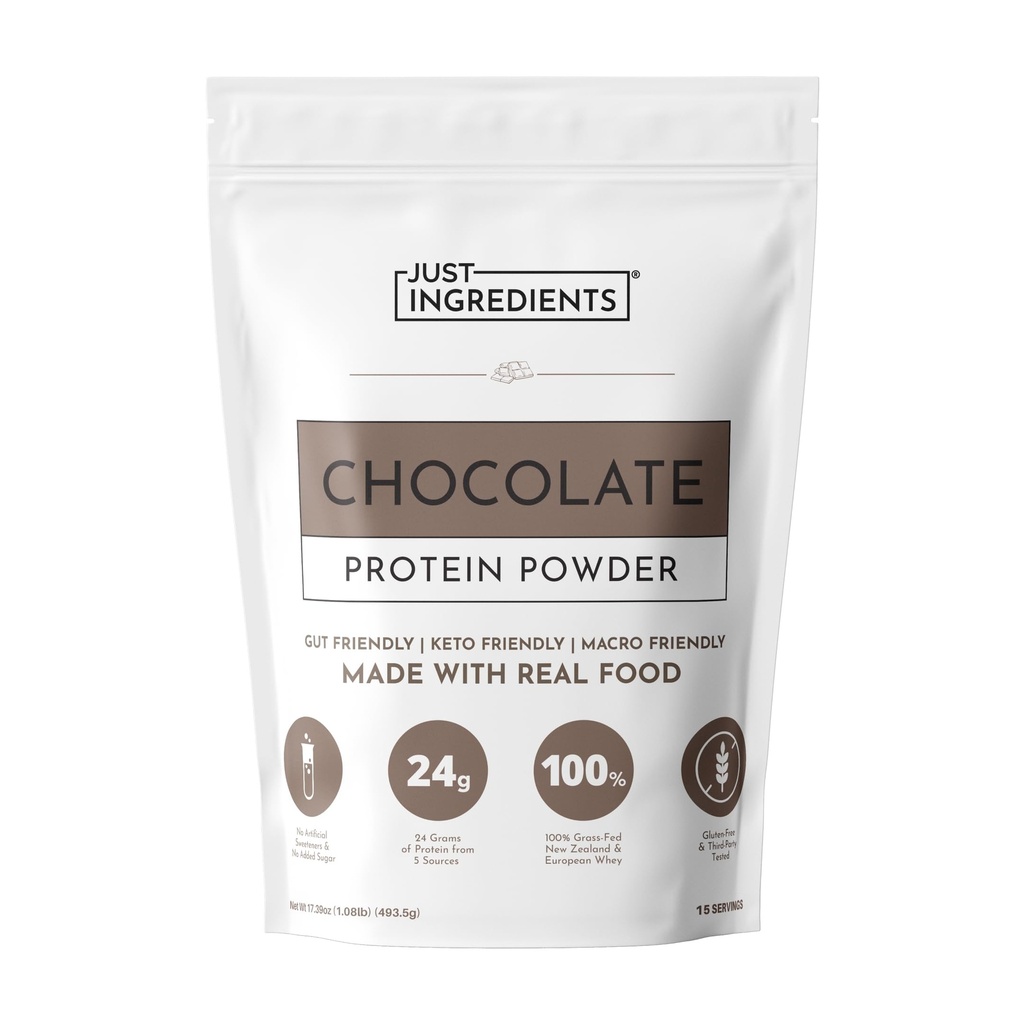 JUST INGRÉDIENTS Poudre de protéines $ 15 portions $ 24g Protéines $ Saveur de chocolat faite avec 100% d'herbe, non-dénaturé Whey $ Cinq sources différentes d'ingrédients organiques entiers alimentaires