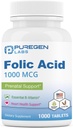 Puregen Labs Acide folique 1000 mcg Comprimés de Vitamine B9.