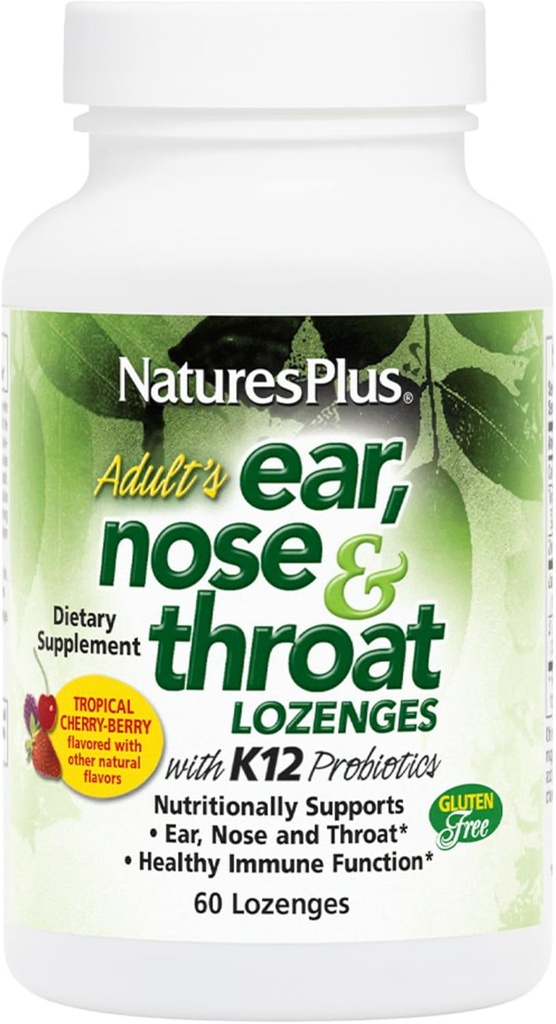 Natures Plus Throat Lozenge d'oreille pour adultes avec des probiotiques K12 - 60 Lozenges - Fleur de cerise tropicale naturelle - Soutient la fonction de l'oreille, du nez, de la gorge et de l'immuno - Sans gluten - 30 portions