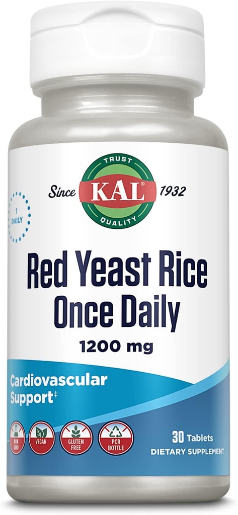 KAL Red Yeast Rice une fois par jour 1200mg, soutien cardiovasculaire* supplément avec des acides gras non saturés naturellement, acides aminés et phytonutriments, végétalien, sans gluten, 30 portions, 30 comprimés