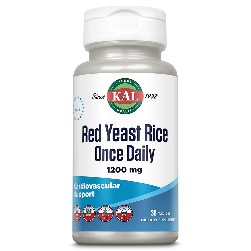 KAL Red Yeast Rice une fois par jour 1200mg, soutien cardiovasculaire* supplément avec des acides gras non saturés naturellement, acides aminés et phytonutriments, végétalien, sans gluten, 30 portions, 30 comprimés