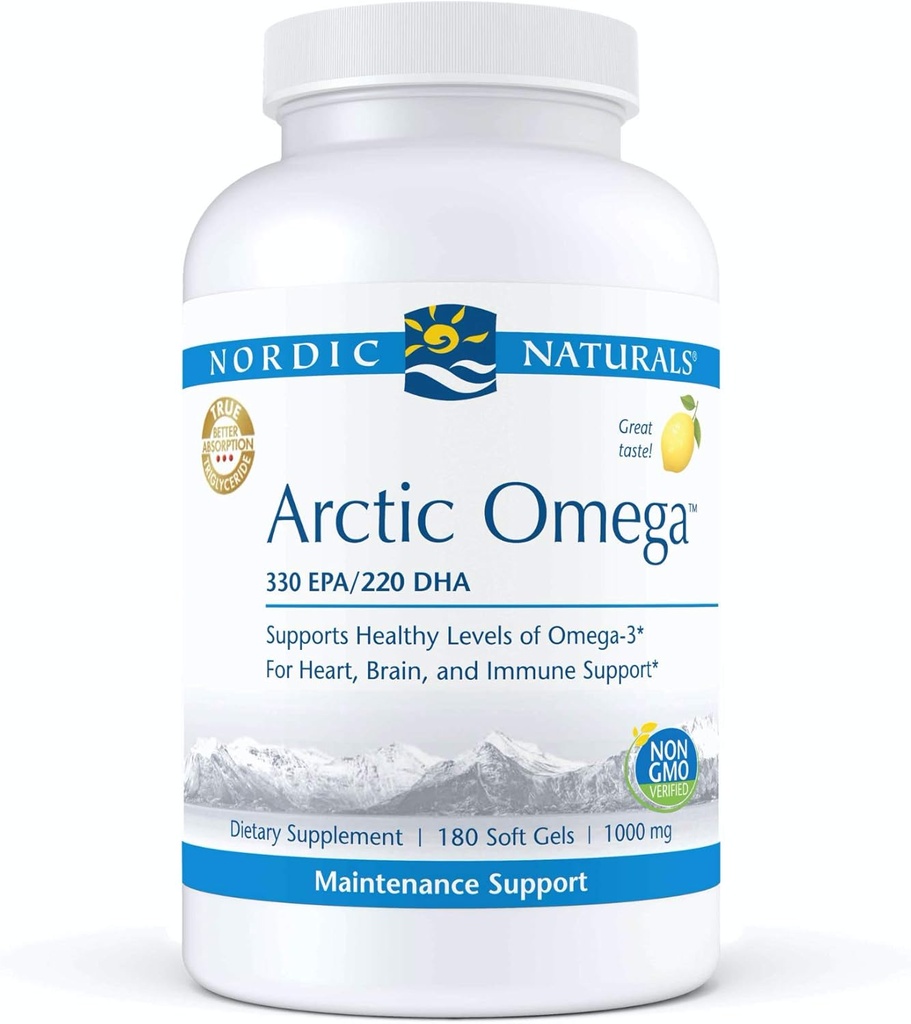 Nordic Naturals Pro Arctic Omega- Fish Oil, 330 mg EPA, 220 mg DHA, aide à maintenir des niveaux oméga-3 sains pour le soutien cardiaque, cérébral et immunitaire*, 180 gels doux