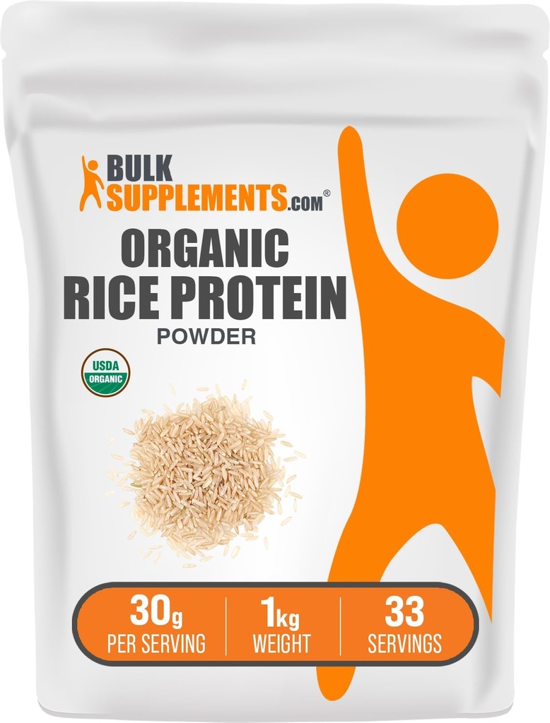 BulkSupplements.com Poudre de protéines de riz biologique - Protéines végétales non aromatisées - Sans végétalien et sans gluten, 30g par portion, 1kg (2,2 lbs) (paquet de 1)