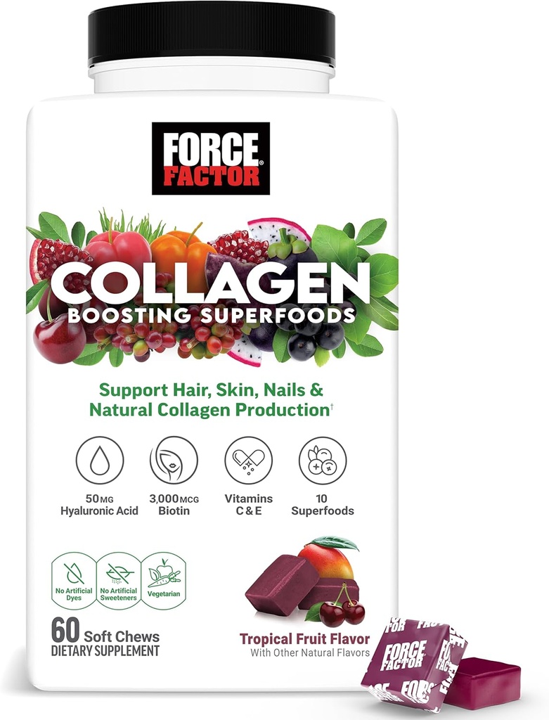 Facteur de force Collagen Boosting Superfoods, Vegan Collagen Booster pour les femmes, avec biotine, acide hyaluronique et vitamine C, pour les cheveux, la peau, les ongles et le soutien articulaire, fruits tropicaux, 60 chews doux