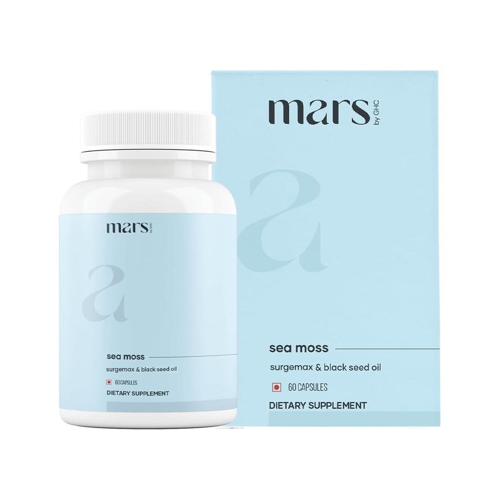 Mars Sea Moss Caps Surge Natural (60N)- Emballé avec 84 minéraux essentiels-- Alimenté avec huile de graines noires, surgemax et vitamine D3--