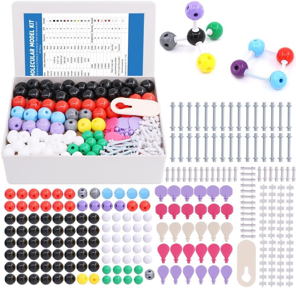 Kit de modèle moléculaire Swpeet 307 Pcs pour la chimie organique et inorganique - Chimie Ensemble de modèle moléculaire étudiant et enseignant - 126 atomes et 30 orbitaux et 150 liens et 1 outil de suppression de lien court