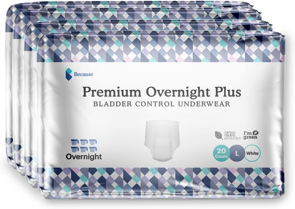 Parce que les sous-vêtements unisexe Premium Overnight Plus Tir Up - Protection contre les fuites de nuit extrêmement absorbante, douce et confortable - Blanc, XX-Large - Absorbe 6 tasses - 10 Compte
