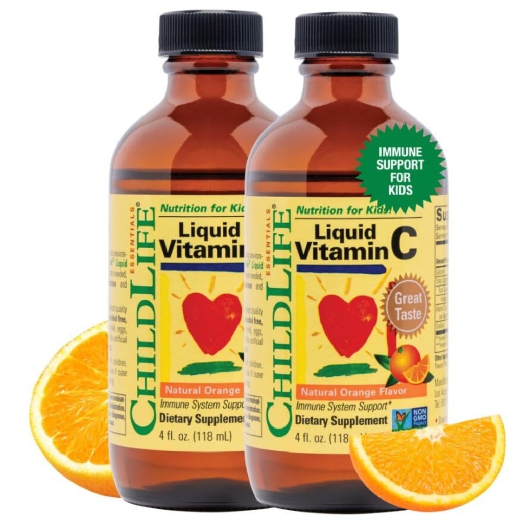 ESSENTIELS D'ENFANTS Vitamine C liquide - supplément liquide Vitamine C pure pour les enfants, système immunitaire, saveur orange naturelle, 4 Fl Oz (paquet de 2)