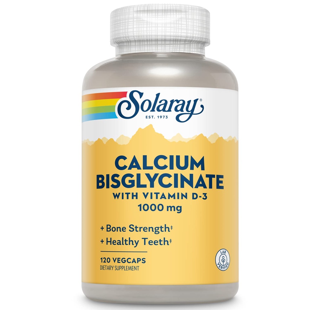 Solaray Bisglycinate de calcium 1000mg avec vitamine D-3, supplément calcium chélaté pour la force osseuse et le soutien des dents saines, absorption améliorée et facile à digérer, 30 portions, 120 VegCaps
