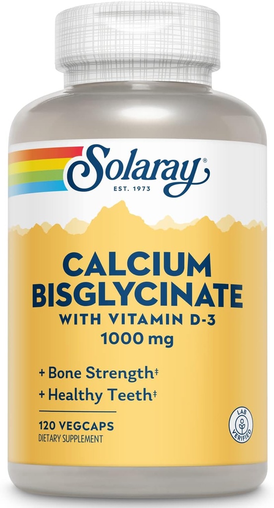 Solaray Bisglycinate de calcium 1000mg avec vitamine D-3, supplément calcium chélaté pour la force osseuse et le soutien des dents saines, absorption améliorée et facile à digérer, 30 portions, 120 VegCaps