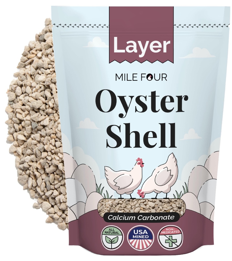 Oyster Shell Mile Four pour poulets - Supplément de calcium pour poulets, carbonate de calcium 100 % naturel de calcaire, forte coquille d'oeuf et booster os, 4 lbs