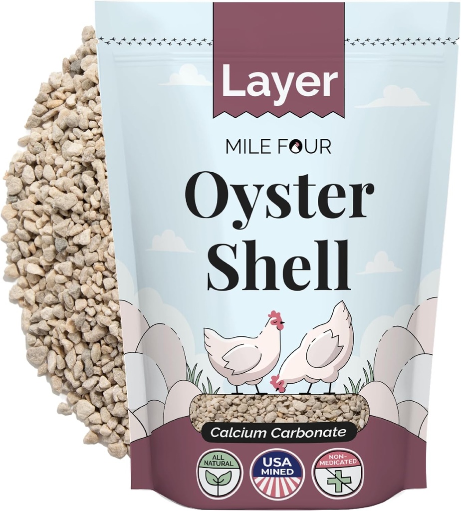 Oyster Shell Mile Four pour poulets - Supplément de calcium pour poulets, carbonate de calcium 100 % naturel de calcaire, forte coquille d'oeuf et booster os, 4 lbs